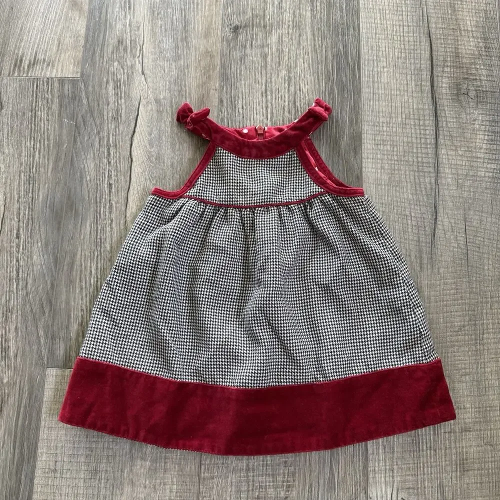 Vtg Children’s Place Holiday Dress 6-9 Months Black Red Houndstooth Velvet Bow